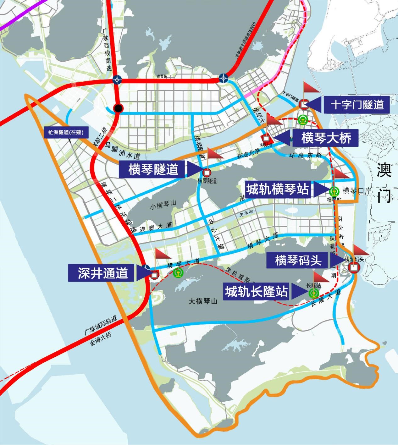 　　橫琴粵澳深度合作區(qū)“一線”“二線”示意圖。其中，“一線”主要是橫琴口岸；“二線”通道主要包括橫琴大橋、橫琴隧道、深井通道、橫琴碼頭、廣珠城軌延長線橫琴站及長隆站、十字門隧道（臨時出島）。橫琴粵澳深度合作區(qū)執(zhí)委會供圖。