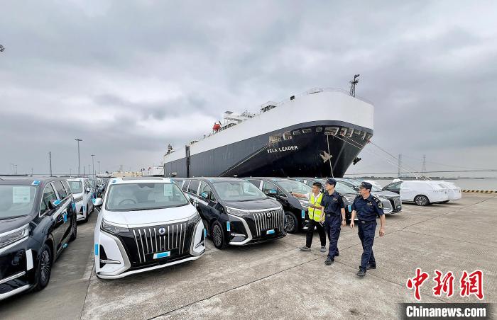  廣州海關所屬南沙海關關員對即將出口的國產汽車進行監(jiān)管。廣州海關供圖