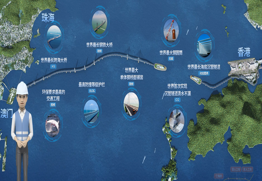 港珠澳大橋創(chuàng)造了眾多“中國之最”“世界之最”——它是世界最長跨海大橋，擁有世界最長海底沉管隧道，是世界最長鋼結(jié)構(gòu)橋梁……設(shè)計(jì)使用年限首次采用120年的標(biāo)準(zhǔn)。設(shè)計(jì)速度100千米/小時(shí)，橋面為雙向六車道高速公路，采用世界最大尺寸高阻尼橡膠隔震支座，支座承載力約3000噸，能抵抗16級臺風(fēng)、8級地震及30萬噸巨輪撞擊。
